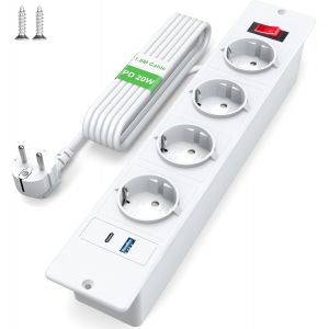 Multiprise Encastrable 4 Prises, Prise Encastrable Plan De Travail Avec Usb C Pd 20 W, Multiprise De Table Avec Interrupteur, Prise De Table Escamotable 2M C&acirc;ble, Blanc[DYB980833] - Neuf