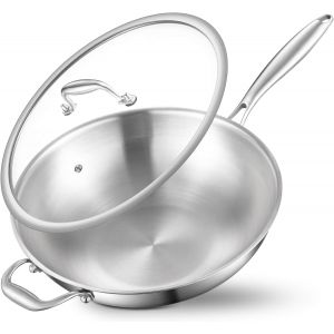 Subzonal-Po&ecirc;le Wok Non Rev&ecirc;tue Avec Couvercle Et Poign&eacute;es : 3 Couches En Acier Inoxydable De 32 Cm, Sans Pfoa, Sans Ptfe, Passe Au Four Jusqu'&agrave; 400 &deg;C - Neuf