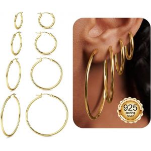 Kal-4 Paires Boucles D'oreilles Femme Argent 925 Creoles Or Femme Creoles Argent Femme Hypoallergénique Créoles Boucles D'oreilles 14/20/30/40mm - Neuf