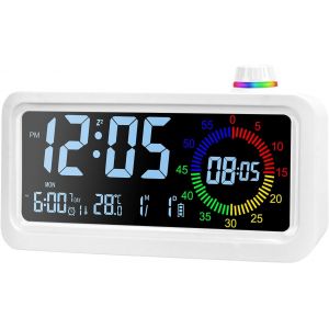 KAL-Réveil Numérique, Écran Led Couleur Visuel Réveil Avec Minuterie, 2 Niveaux De Luminosité, 3 Niveaux De Volume, 3 Alarmes, Fonction Snooze, 12/24 Heures, Compte À Rebours 60 Minutes (Blanc) - Neuf