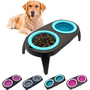 Kalanka-Gamelle Chien Surelevee, 2 En 1 Gamelle Anti Eclaboussure Chien Et Gamelle Anti Glouton Chat Eau, Support, Bols Amovibles Et Pliables (Bleu) - Neuf