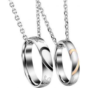 Kal-2pcs Collier Couple Pendentif Bague Gravure Personnalisé Acier Inoxydable Anneau Bague Amour Cadeau Valentine Homme Femme Avec Chaîne - Neuf