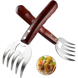 Griffe de hachage de viande Machine à hacher le porc en acier inoxydable Griffe à viande pour griller du porc râpé Viande de dinde avec long manche en bois (2 pièces) - Neuf