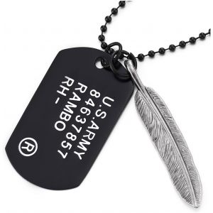 Kal-Collier Plaque Militaire Pour Homme, M&eacute;daille Noire Avec Pendentif Plume, Cha&icirc;ne &Agrave; Billes Style Arm&eacute;e Statement - Neuf