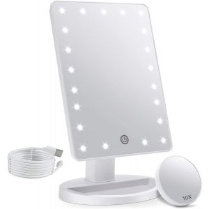Kal-Miroir De Maquillage Éclairé Avec 21 Led Et Miroir Grossissant 10x Amovible, Capteur Tactile, Rotation Réglable À 180°, Petit Miroir Pliable Attaché - Neuf
