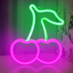 ERYI-Enseigne Néon En Forme De Cerises Roses Et Vertes, Panneau Led Pour Chambre D'Enfant, Restaurant, Bar, Magasin De Fruits, Batterie Usb, Décoration Murale - Neuf