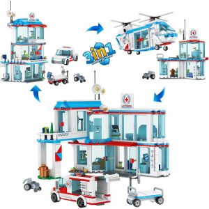 lbgwp60-Kit De Construction 3 En 1 Hôpital City Hôpital Avec Hélicoptère De Sauvetage, Remorque Et Portage, Cadeaux Stem Pour Garçons Et Filles De 6 À 12 Ans Et Plus - Neuf