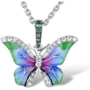 Collier Pendentif Papillon Pour Femme. Cha&icirc;ne Et Pendentif En Argent 925 Pour Femmes Avec Zircons Blanc Et Verts Et D&eacute;tails En Email Color&eacute;. Collier Papillon Pour Femme. Collier Femme Argent - Neuf
