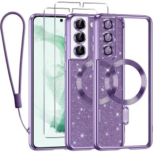 SJZG-Glitter Magn&eacute;tique Pour Samsung Galaxy S22 Plus 5G Con Cordon, Compatible Avec Magsafe Antichoc Brillant Paillet&eacute; Souple Couqe Pour Samsung S22 Plus Avec 2 Pi&egrave;ces Verre Tremp&eacute; &Eacute;tui, Violet - Neuf