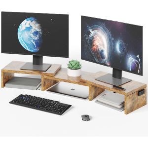 Support Moniteur Double, Rehausseur Écran PC de Bureau, Organisateur de Bureau en Bois, Longueur et Angle Réglables pour Moniteur Portable et Moniteur PC, Blanc - Neuf