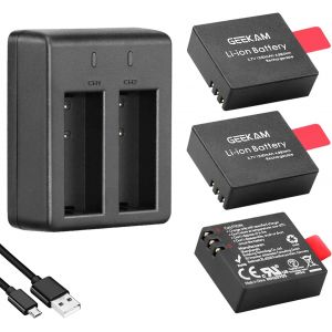 Batterie Caméra Sport, Batterie Rechargeable 1350mAh (3 pièces), avec Chargeur USB Double Trou, Compatible avec AKASO/CAMPARK/Crosstour/APEMAN/Victure/sj4000, etc. - Neuf