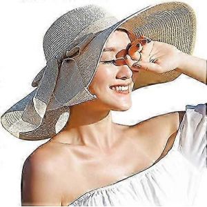Femmes 5,5 Pouces Big Bowknot Chapeau De Paille Grand Disquette Pliable Roll Up Chapeau De Plage Chapeau De Soleil Upf 50+ - Neuf