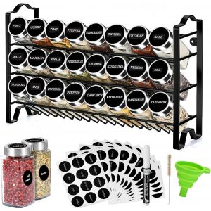 KALANKA-, Rangement Epices, 24 Pot a Epices, Organisateur avec structure m&eacute;tallique &agrave; 3 niveaux, avec &eacute;tiquettes, avec couvercles et distributeurs individuels (Mod&egrave;le 2) - Neuf