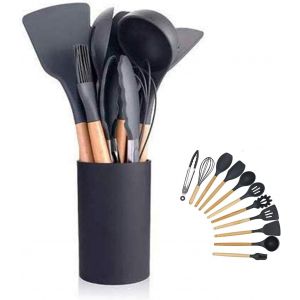 Mevronisshop-Ustensiles De Cuisine En Silicone Ensemble D'ustensiles De Cuisine Poign&eacute;es En Bois R&eacute;sistant &Agrave; La Chaleur Gadgets De Cuisine Gris Outils Pour Ustensiles De Cuisine Antiadh&eacute;sifs (Noir-12 - Neuf