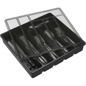 Mevronisshop-Range Couverts Pour Tiroir Avec Couvercle, Bo&icirc;te De Rangement Couverts De Cuisine, Organisateur De Couverts En Plastique, Pour Cuill&egrave;res Fourchettes, Couteaux, 6 Compartiments, Noir - Neuf