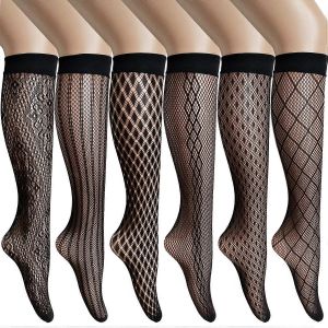 Bas R&eacute;sille Femme, Chaussettes En Dentelle Cristal, Lot De 6 Paires, Chaussettes Hautes En Dentelle, Bas Et Chaussettes En Dentelle, Style Gothique, &Eacute;t&eacute;, Noir - Neuf