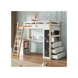 Lit multifonctionnel avec &eacute;chelle, bureau, tableau noir et &eacute;tag&egrave;re de rangement, blanc + finition bois naturel, 90*200 cm - Neuf