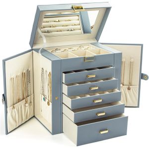 Jexnovashop-Boîte À Bijoux Pour Femme, Grande Boîte De Rangement À Bijoux À 6 Couches Avec Miroir Et 5 Tiroirs Pour Bagues, Boucles D'oreilles, Colliers, Bracelets, Gris Bleuté - Neuf