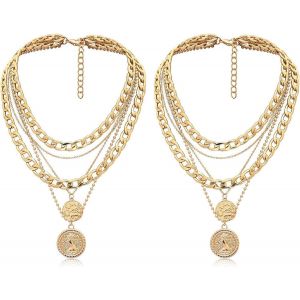 2 Pi&egrave;ces Collier Ras Du Cou &Eacute;pais Colliers Femmes En Or,Colliers Superpos&eacute;s En Or Collier Punk Chunky &Agrave; Cha&icirc;nes Exag&eacute;r&eacute;es Maillons Cubains Dor&eacute;s Pour Femme Et Filles - Neuf