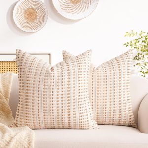 Cauc-Housse Coussin 45x45 Lot De 2 En Coton Lin Beige Marron Boho Textur&eacute;e &Agrave; Rayures Tiss&eacute;es Housse De Coussin Decoratif Ferme Moderne Taie D'oreiller Pour Canap&eacute; Maison Salon Chambre - Neuf