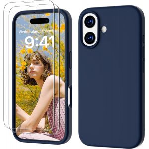 LORANKA-3 en 1 Coque iPhone 17 Silicone Liquide avec 2 Verre Tremp&eacute;, &Eacute;tui Protection Pr&eacute;cise de Cam&eacute;ra R&eacute;sistant aux Rayures Antid&eacute;rapant Antichoc Cover iPhone 17 Phone Case 6.3"", Bleu Marine - Neuf