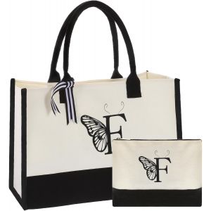 Sjzg-Initial Canvas Tote Bag With Makeup Bag, Reusable Beach Tote Bag Personalized Gifts For Women Shopping Mom Gift - Neuf