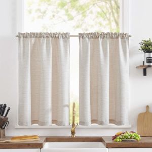 Eryi-Lot De 2 Rideaux Cuisine 90 X 60 Cm (Lxh) Rideaux D'extérieur En Tissu Jacquard Beige - Filtrage De La Lumière - Petit Rideau Fenetre - Brise-Bise Courts Respirable Salon Chambre - Neuf