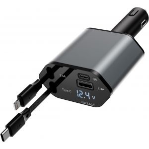 JGD-Chargeur Allume-Cigare 4 en 1 avec C&acirc;bles R&eacute;tractables, 120W D&eacute;chargement Rapide PD/QC pour iPhone 16/17/15/14/13/Samsung/Tablette (Mod&egrave;le Mise &agrave; Jour) - Neuf