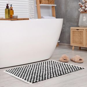 KAL-Tapis De Salle De Bain Tressé 50X80 Cm - Absorbant Plush Microfiber, High Grammage (Blanc-Noir) - Neuf