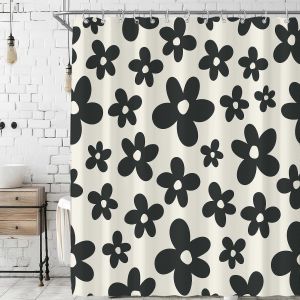 Rideau de douche r&eacute;tro mignon noir &agrave; motif floral abstrait pour salle de bain 72W72H pouces - Neuf