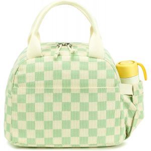 Boîte À Déjeuner Isolée Pour Femmes Sac À Déjeuner Réutilisable En Velours Côtelé Sac À Main Étanche Glacière Thermique Sac À Déjeuner Grande Capacité (Grille Blanche De Riz Vert Clair) - Neuf