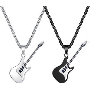 Kal-Lot De 2 Colliers Avec Pendentif En Forme De Guitare En Acier Inoxydable - Collier Rock Punk Hip Hop Pour Hommes Et Femmes - Argent Noir - Neuf