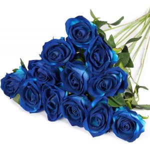 12 Pi&egrave;ces Rose Artificielle, 51 cm Fleurs Artificielles Deco, Rose Eternelle, R&eacute;alistes Fleur Sechees Decoration, Decoration Voiture Mariage, pour Mariage, Maison, Bouquets de Mari&eacute;e (Bleu) - Neuf