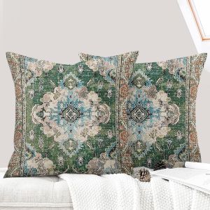 Cauc-Lot De 2 Decorative Housse De Coussin 45x45 Cm Boho Ethnique Vintage En Canap&eacute; Taie D'oreiller Douce Pour Maison Salon Chambre Canape Boh&egrave;me Art D&eacute;co - Verte - Neuf