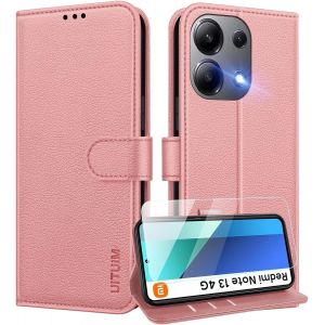Kal-Coque Pour Xiaomi Redmi Note 13 4g (Pas Pour 5g) Coque Etui Portefeuille Cuir Avec Verre Trempé Protection Écran Porte Carte Rabat Clapet Pochette Flip Case Étui Cover Housse Etui,Rose - Neuf