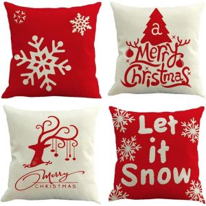 Lot De 4 Housses De Coussin Carrées En Coton Et Lin, Motif Flocon De Neige Pour Couple De Noël, Maison, Voiture, Canapé, 45 X 45 Cm, Lombaire, Oreiller, Motif Et Dynamique - Neuf