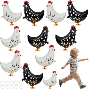 CAUC-10 Pièces Poulet de Ballon à l'hélium, Ballons de Baudruche Poule Ballons Gonflables en Forme d'animaux Marche Animal Ballon en Aluminium avec 10 Ruban pour Fête de la Ferme,Blanc et Noir - Neuf