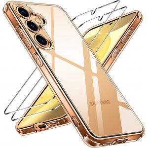 JGD-Anti-Jaunissement HD Clair Coque pour Samsung Galaxy S24 5G avec 2 Pi&egrave;ces Verre Tremp&eacute;, [Protection Militaire] Transparente &Eacute;tui de Protection Antichoc Mince Bumper Housse (Orange) - Neuf