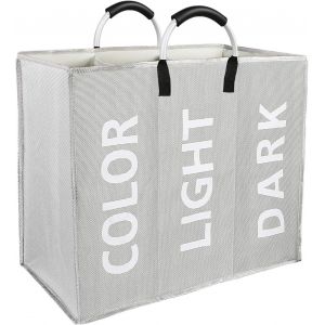 MEVRONISSHOP-Panier &agrave; Linge Sac &agrave; Linge Pliable 3 Compartiments, Corbeilles &agrave; Linge en Oxford Grande Capacit&eacute; avec 2 Poign&eacute;e 60x32x49cm pour la Chamber H&ocirc;tel Dortoir, Gris Clair - Neuf