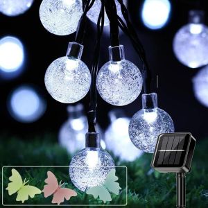 KAL-Guirlandes Lumineuses Solaires Boule De Cristal Extérieure Étanche 7 M / 50 Led 8 Modes Guirlandes Lumineuses Solaires Extérieures Pour Jardin, Patio, Balcon, Fêtes (Blanc) - Neuf