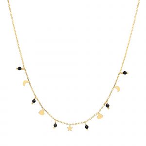 Collier Argent Doré Pampilles De Forme Lune Coeur Et Pierre Spinelle Noir - Neuf