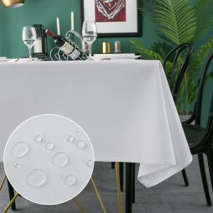 Nappe Rectangulaire Anti-Tache Blanche 140x240cm, Nappe Imperméable Effet Lin Polyester Pour Table, Salle À Manger, Restaurant Protection (Blanc, 140x240cm) - Neuf