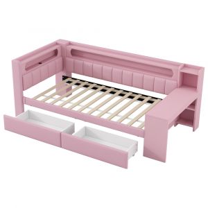 Lit de jour capitonn&eacute; 90x200 cm avec ports USB et ceinture LED, bureau et 2 tiroirs, rose - Neuf
