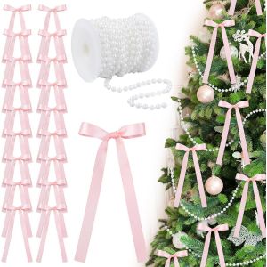 Noeuds Satin Rose 24 Pcs Decor Noel Arbre Guirlande Perle Fausse 33 Pieds Vintage Rustique - Neuf