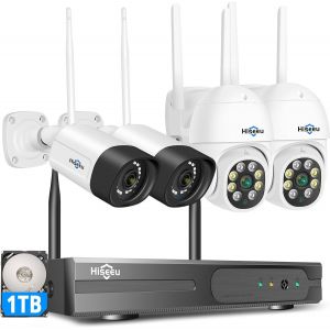 ¿Ptz + 5Mp¿ Outdoor Wifi Surveillance Camera Kit, 20 M Colorful Night Vision, Video Surveillance Kit 10Ch Nvr 1Tb Hdd And 4 X 5Mp Camera, Motion Detection, 2-Way Audio, Light Sound Alarm - Neuf