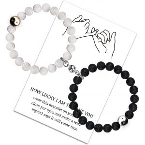 Kal-Bracelet De Perles De Pierre Volcanique Avec Bracelet De Perles D'aimant De Lune En Acier Au Titane Pour Les Couples Cadeau De Bracelet De Relation D'amiti&eacute; Perl&eacute; &Agrave; La Main (Yinyang) - Neuf