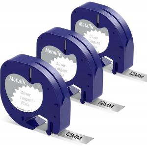 TIANYI-Ruban Etiquette Compatible avec DYMO LetraTag Ruban Métallique Plastique 12mm x 4m Metallic Silver Recharge pour DYMO LetraTag LT-100H LT-100T QX50 XR XM 2000 Étiqueteuse, Noir sur Argenté - Neuf