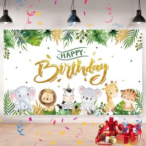 Mevronisshop-Toile De Fond Sur Le Th&egrave;me Des Animaux De La Jungle, Joyeux Anniversaire Toile De Fond, Enfants B&eacute;b&eacute; Douche Photo F&ecirc;te Fond Banni&egrave;re, D&eacute;coration De F&ecirc;te D'anniversaire, 1,8 X 1,1 M, Anim - Neuf