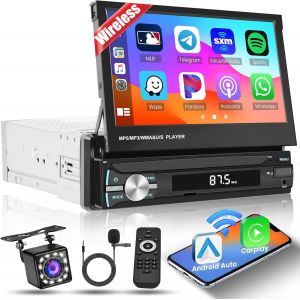 Carplay 1 DIN Wireless 7 Inch Manual Retractable Screen Car Radio with Bluetooth 5.1,Android Auto Mirror Link,AM/FM Seven Colors and USB/AUX/SWC Reversing Camera - Neuf