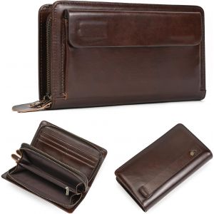 Portefeuille En Cuir V&eacute;ritable Avec Double Fermeture &Eacute;clair,Grande Capacit&eacute;,Sac &Agrave; Main,Pochette Pour Cartes De Visite,Porte-T&eacute;l&eacute;phone,Caf&eacute; - Neuf